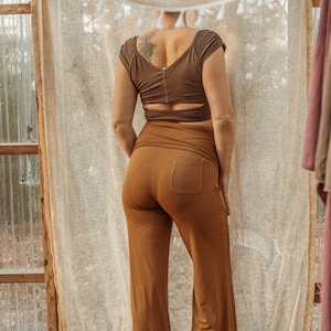 Organic Certified EcoVero Yoga Pants, Strapless Yoga Jumpsuit, High Waist Foldable Waistband Back Pocket Booty Yoga Pants, Flare Leggings