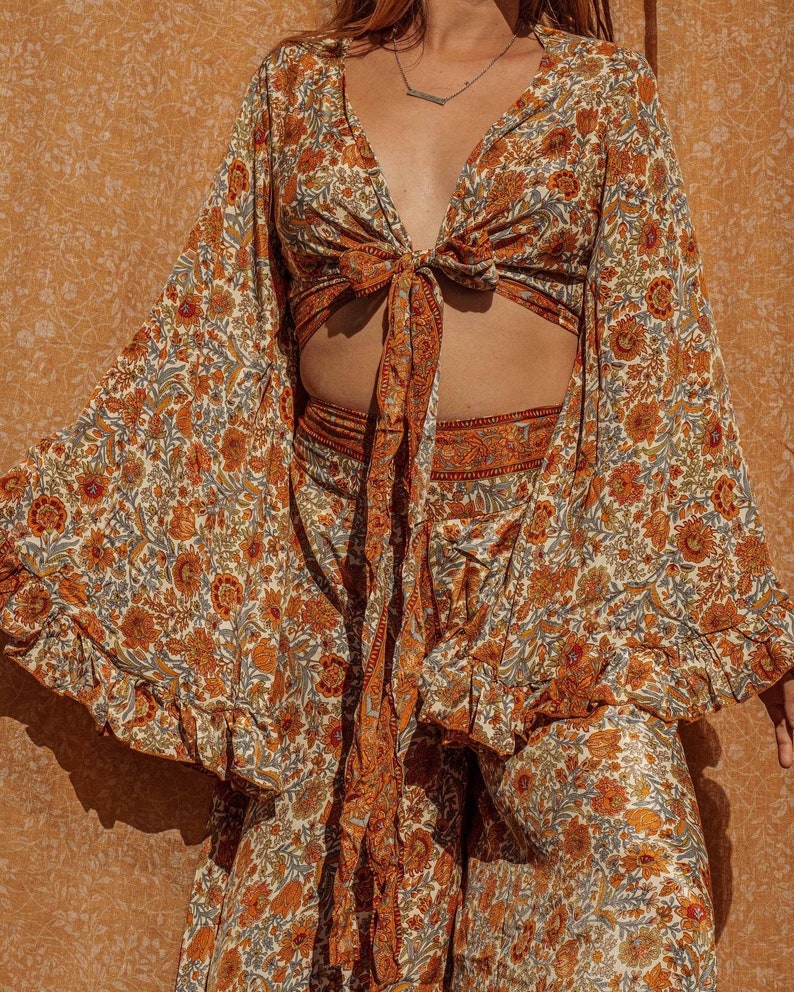 3-way Bell Sleeve Tie Front Hippie Boho Wrap Top, 70s Style Clothing, Vintage Silk Retro Eco Top, Flare Sleeve Aesthetic, Free Spirit Style Lyla's Orange