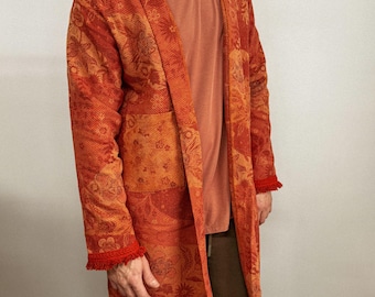 Chaqueta de patchwork jacquard bohemio 100 % algodón reciclado para hombre o mujer, gabardina bohemia hippie.