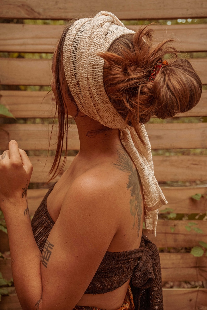 Bohemian Hippie Recycled Cotton Mesh Hair Wrap, Dread Wrap, Hair Scarf Top, Long Bandeau Wrap Top, Earthy Hair Style image 1