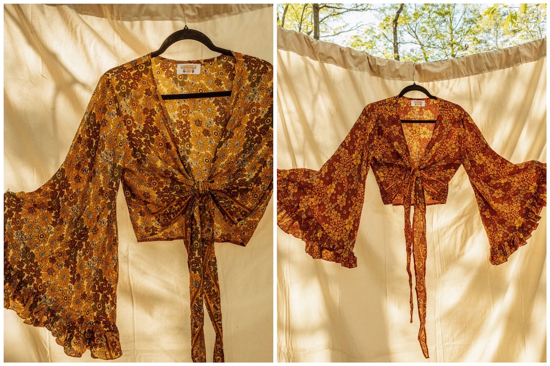 3-way Bell Sleeve Tie Front Hippie Flower Boho Wrap Top, 70s Style Clothing, Silk Retro Eco Top, Flare Sleeve Aesthetic, Gypsy 70s Costume