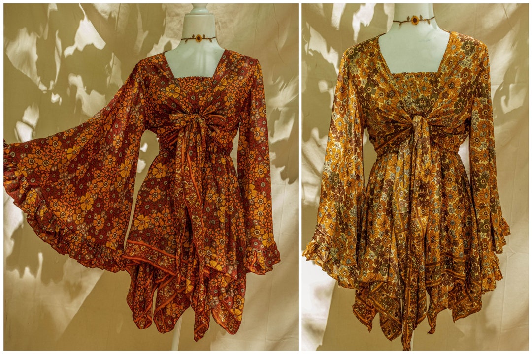 Hippie Boho 2 Piece Dress Outfit Set, 70s Style Bell Sleeve Tie