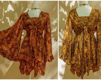 Hippie Boho 2 Teiliges Kleid Outfit Set, 70er Jahre Style Top + Schmetterling Fee Kleid, Free Spirit Kostüm XS-1X 2X 3X 4X