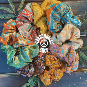 Recycled Silk Sari Boho Scrunchies, Bridesmaid Gift, Hair Scrunchies, Vegan Gift Handmade, 70s Hippie Pattern Scrunchies, Stocking Stuffer image 1