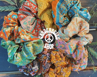 Recycled Silk Sari Boho Scrunchies, Bridesmaid Gift, Hair Scrunchies, Vegan Gift Handmade, 70s Hippie Pattern Scrunchies, Stocking Stuffer