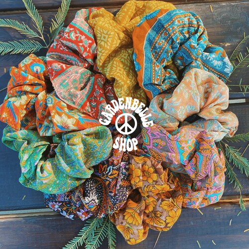 Recycled Silk Sari Boho Scrunchies, Bridesmaid Gift, Hair Scrunchies, Vegan Gift Handmade, 70s Hippie Pattern Scrunchies, Stocking Stuffer