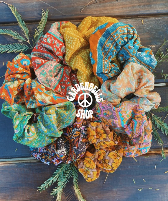 Recycled Silk Sari Boho Scrunchies, Bridesmaid Gift, Hair Scrunchies, Vegan  Gift Handmade, 70s Hippie Pattern Scrunchies, Stocking Stuffer