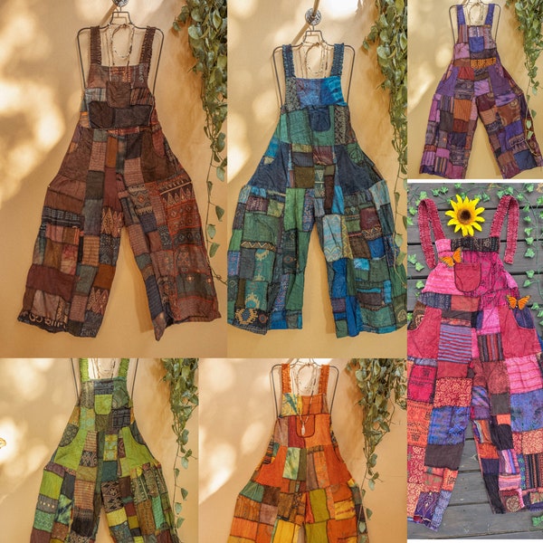 Men's Women's Hippie Patchwork Baggy Wide Leg Cotton Overalls, Festival Jumper Woodstock Dungarees XS-3X PLUS Bohemian Handmade Aesthetic