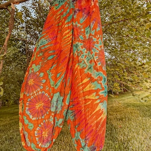 Flowy Boho Festival Pants, Hippie Orange Tie Dye Harem Unisex Pants XS-5X Handmade Free Spirit, yoga pants, Men&#39;s Women&#39;s Hippie Genie Pants
