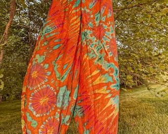 Flowy Boho Festival Pants, Hippie Orange Tie Dye Harem Unisex Pants XS-3X Handmade Free Spirit, yoga pants, Men's Women's Hippie Pants