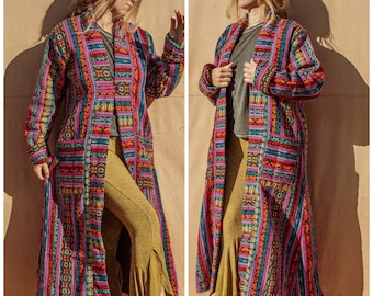 Woven Cotton Long Kimono Jacket, Rainbow Tribal Duster