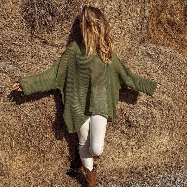 Organic Cotton Oversized Open Knit Sweater, Natural Fiber Mesh Tunic Pullover, Large Unisex Organic Lightweight Long Sleeve