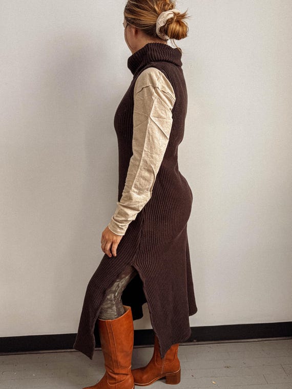 Organic Cotton Sweater Dress, Turtle Neck Sleeveless Sweater Dress with Slit, 100% Organic Cotton Knit