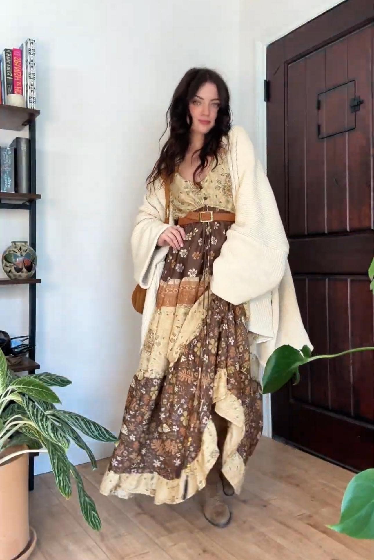 Desert Solstice Hippie Boho Maxi Dress, Earthy Print Bell Sleeve Tiered Dress, Bohemian Style Button Up Long Sleeve Fall Earth Tone Dress