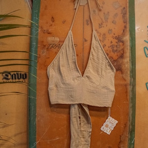 Sujetador orgánico tipo bralette, con lazo en la espalda, de algodón de bambú, ideal para festivales de verano. Fibra natural, hecho a mano en muselina suave y transpirable. Tallas XS-3X