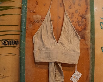 Sujetador orgánico tipo bralette, con lazo en la espalda, de algodón de bambú, ideal para festivales de verano. Fibra natural, hecho a mano en muselina suave y transpirable. Tallas XS-3X
