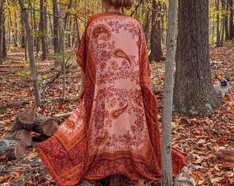 Boho Herbst Langer Gedruckter Duster, Gardenbelle Boho Flowy Maxi Kimono, Plus Size Open Front Duster