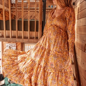 Bohemian Floral Hand Block Printed Maxi Dress, Maternity Photoshoot Dress, Lightweight Cotton Long Dress, Spring Long Sleeve Style Dress YELLOW FLORAL