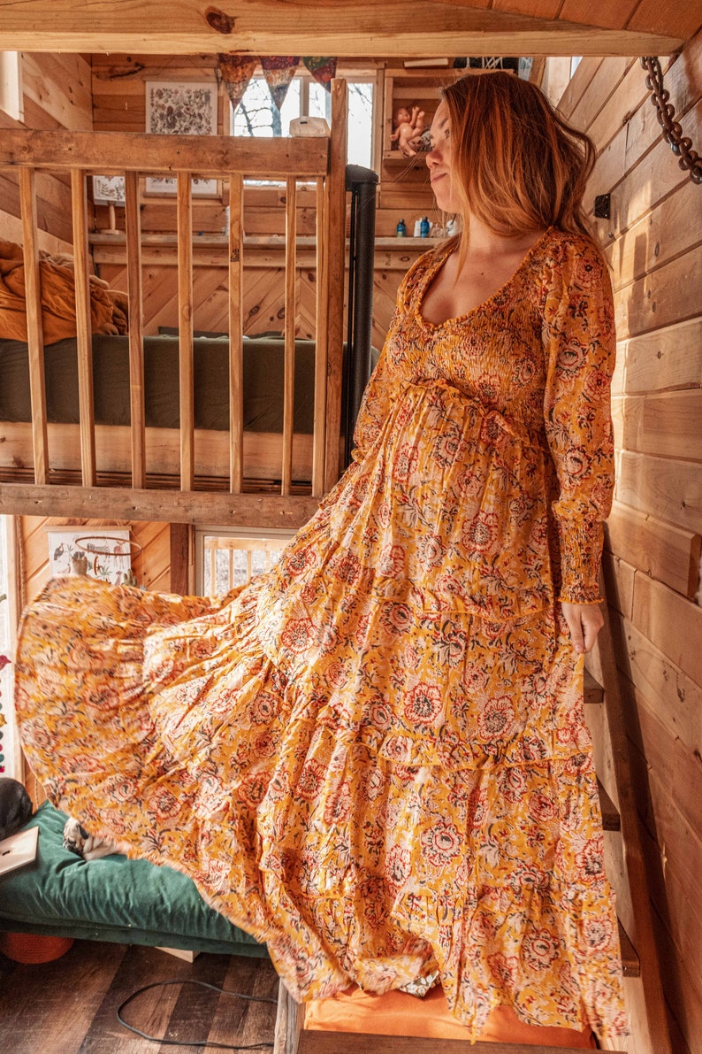 Bohemian Floral Hand Block Printed Maxi Dress, Maternity Photoshoot Dress, Lightweight Cotton Long Dress, Spring Long Sleeve Style Dress YELLOW FLORAL