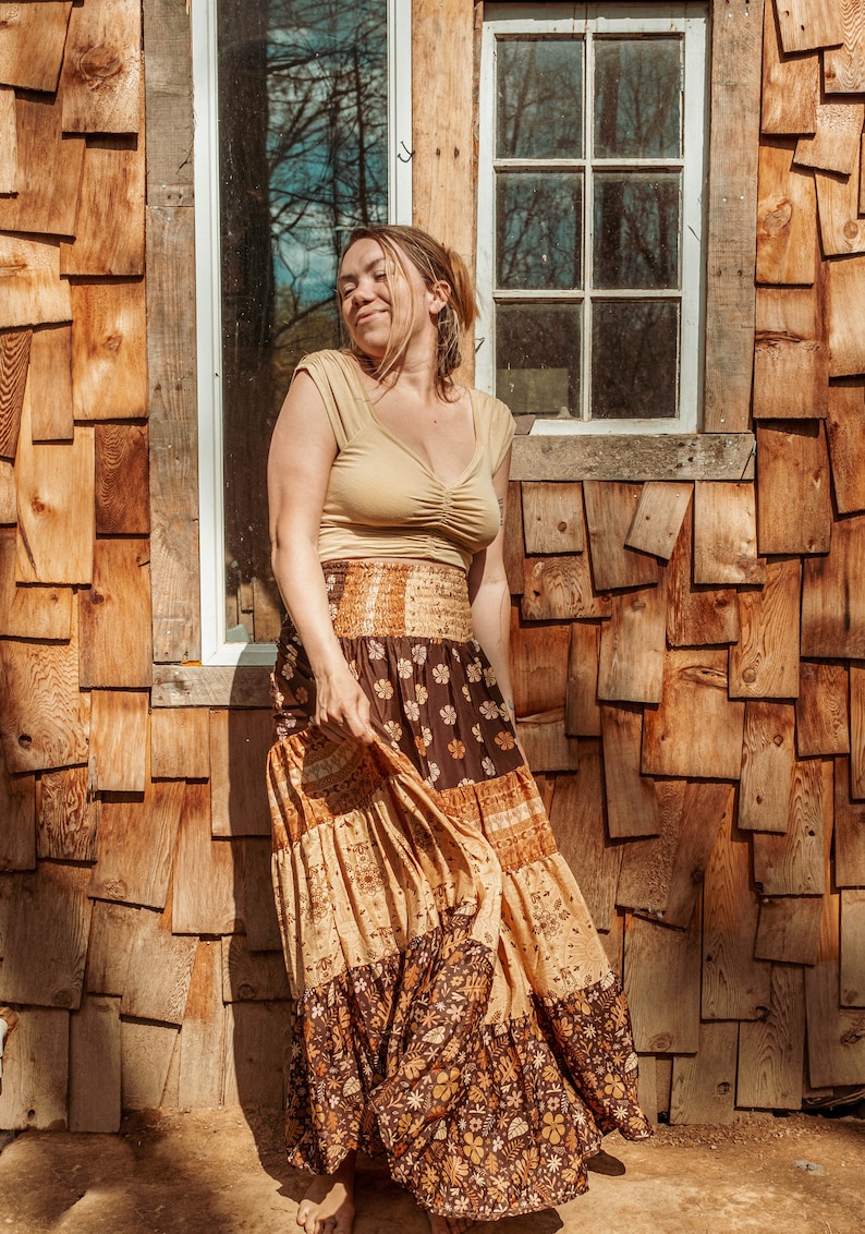 Bohemian Desert Solstice Tiered Soft Maxi Skirt, Hippie Boho Style Sun Moon Skirt, Earthy Neutral Natural Vibe Dress image 7