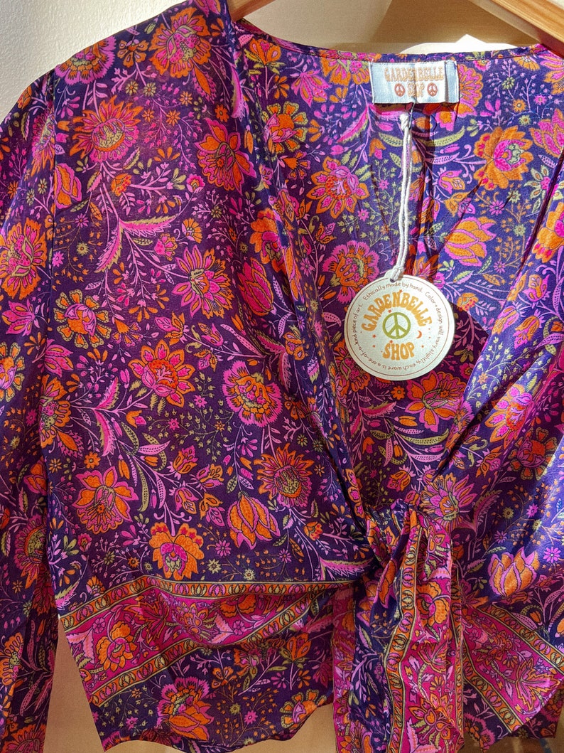 3-way Bell Sleeve Tie Front Hippie Boho Wrap Top, 70s Style Clothing, Vintage Silk Retro Eco Top, Flare Sleeve Aesthetic, Free Spirit Style Candi Dream Purple