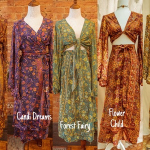 Hippie Boho 2 Piece Outfit Wrap Skirt + Top, XS-2X retro layered tie skirt, wrap around skirt, 2 piece dress, bohemian outfit,