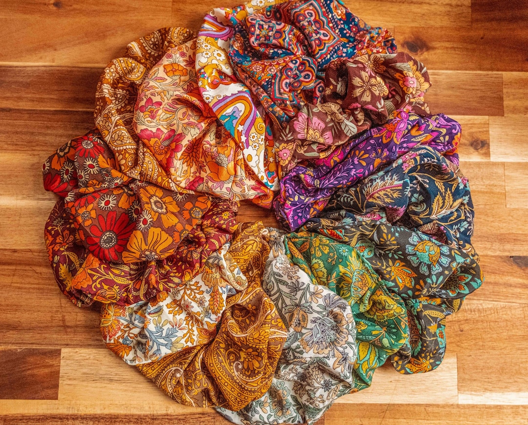 Oversized Silk Boho Scrunchies, Hippie Hair Accessories, Bohemian Satin
