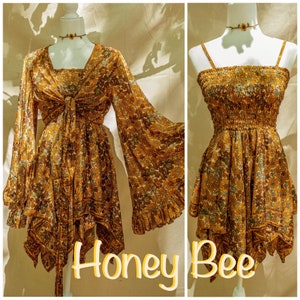 Hippie Boho 2 piece Dress Outfit Set, 70s Style Bell Sleeve Tie Top Butterfly Fairy Dress, Free Spirit 70s Costume XS-1X 2X 3X 4X zdjęcie 7