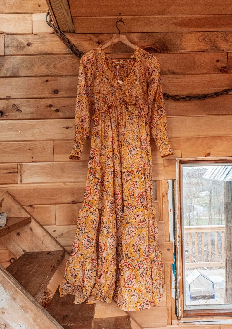 Bohemian Floral Hand Block Printed Maxi Dress, Maternity Photoshoot Dress, Lightweight Cotton Long Dress, Spring Long Sleeve Style Dress image 8