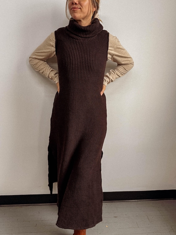 sweater dress 100 cotton Organic Dress, Turtle Neck Sleeveless Sweater With Slit, 100% Organic Cotton Knit Denim A-Line Dress azo free dyed Knitted dresses knit overlay and a Color:Royal Burgundy