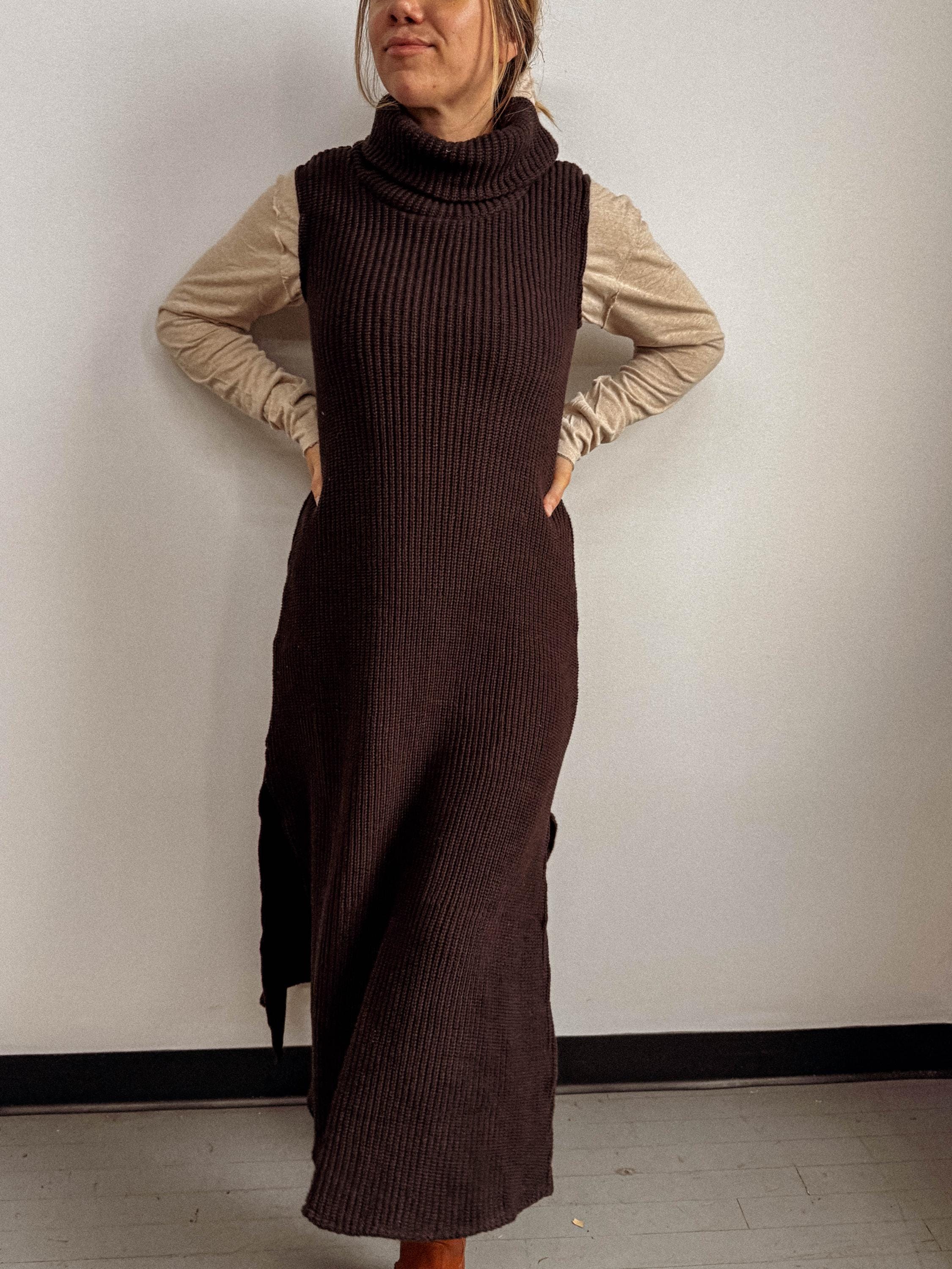 Organic Cotton Sweater Dress, Turtle Neck Sleeveless Sweater Dress with slit, 100% Organic Cotton knit