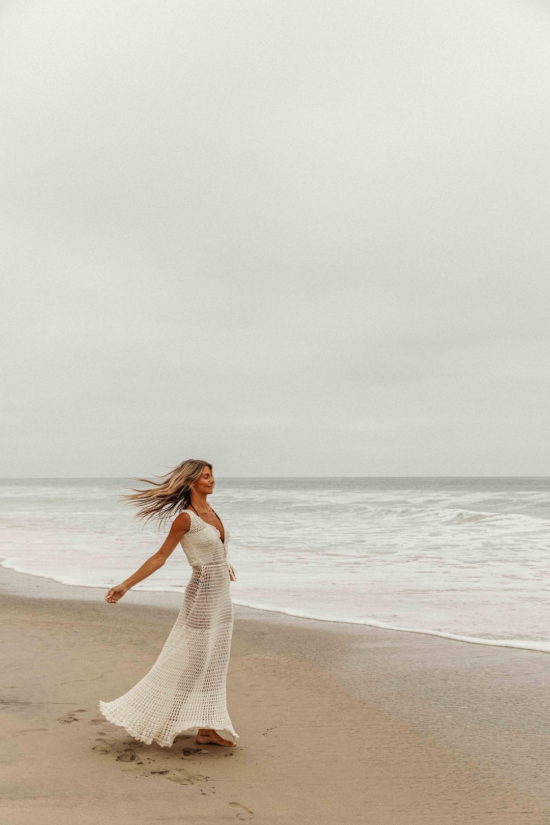 long white crochet beach dress Cream Long Sleeve Crochet Beach Dress