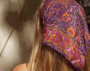 Silk Hippie Boho Bandana, Square Head Scarf, Bohemian Hair Wrap