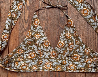 Organic Cotton Block Print Bralette, Boho Free Spirit Halter Top, Beachy Tie Bow Back Floral Bra Crop Top