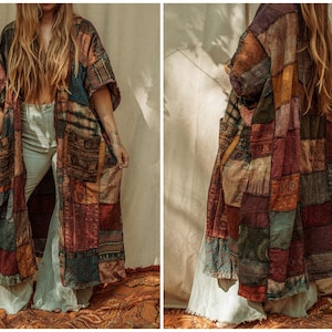 Fall Hippie Boho Men’s Women’s Patchwork Cotton Kimono, Grunge Style Artist Smock, Open Face Jacket Earthy Shawl, Recycled Cardigan XS-4X