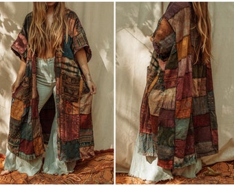 Kimono in cotone patchwork da donna per uomo autunno Hippie Boho, grembiule da artista in stile grunge, giacca a faccia aperta scialle terroso, cardigan riciclato XS-4X