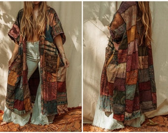 Fall Hippie Boho Men’s Women’s Patchwork Cotton Kimono, Grunge Style Artist Smock, Open Face Jacket Earthy Shawl, Recycled Cardigan XS-4X