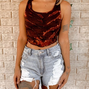 Hippie Tie Dye Lace Back Crop Top, yoga top, spandex top, Festival Top, Bandana Scarf Top, bohemian Free Spirit style Tie up top BROWN-RUST