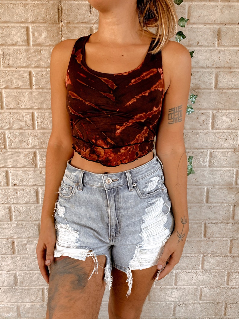 Hippie Tie Dye Lace Back Crop Top, yoga top, spandex top, Festival Top, Bandana Scarf Top, bohemian Free Spirit style Tie up top BROWN-RUST