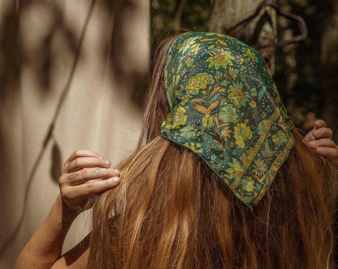 Silk Hippie Boho Bandana, Square Head Scarf, Unique Bohemian Hair Wrap, Personalized hippie gift, stocking stuffer, dog scarf dog bandana