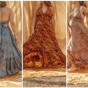 Boho Hippie Retro Silk Maxi Dress, Floral Tie Back dress, full length flowy dress gown XS-2X 6 Colors