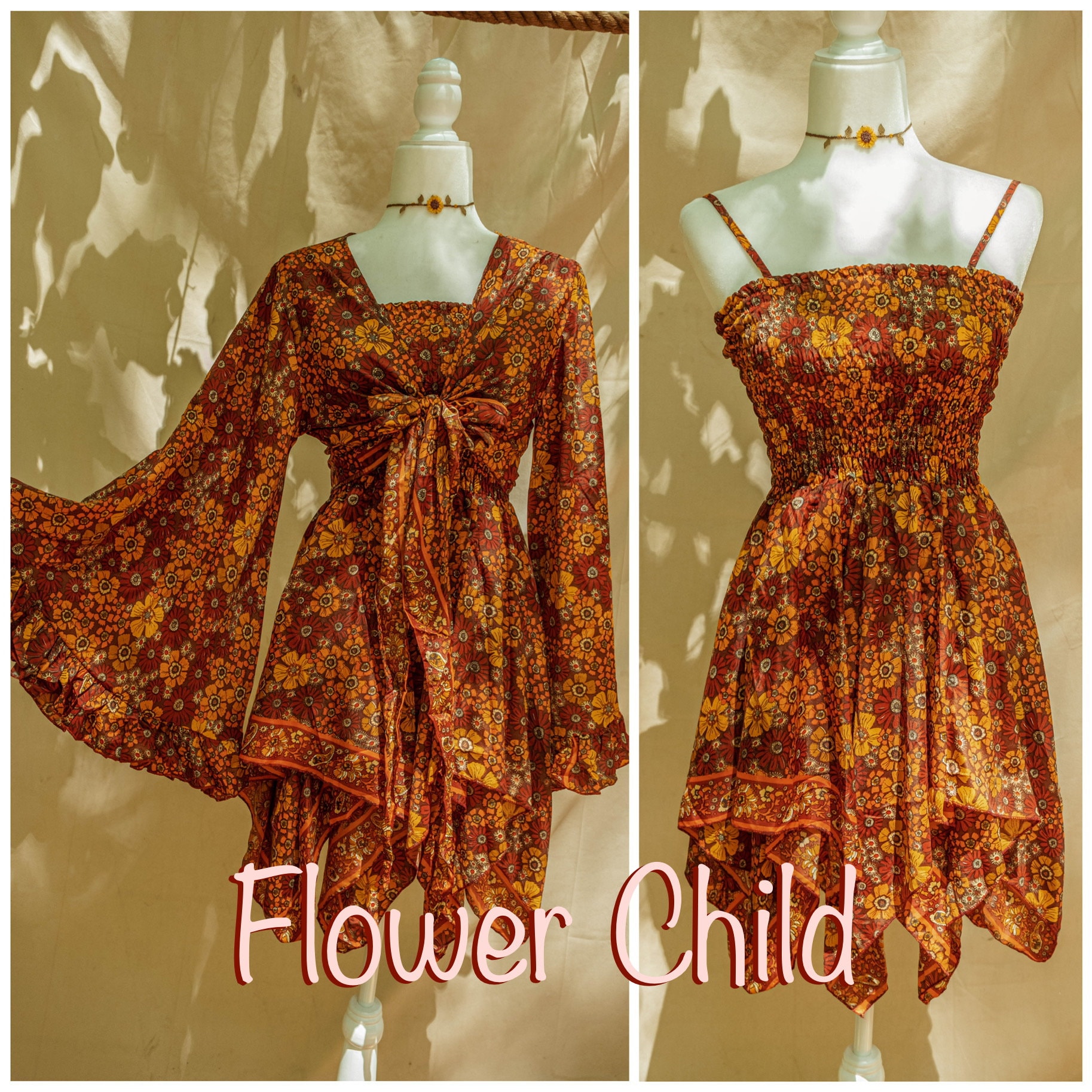 Hippie Boho 2 Piece Dress Outfit Set, 70s Style Bell Sleeve