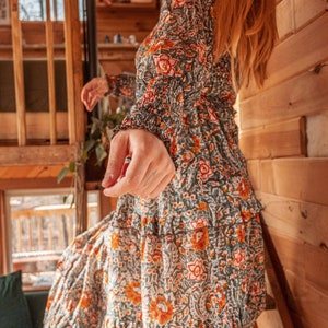 Bohemian Floral Hand Block Printed Maxi Dress, Maternity Photoshoot Dress, Lightweight Cotton Long Dress, Spring Long Sleeve Style Dress image 7