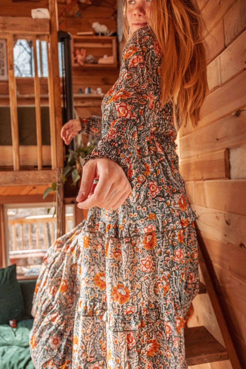 Bohemian Floral Hand Block Printed Maxi Dress, Maternity Photoshoot Dress, Lightweight Cotton Long Dress, Spring Long Sleeve Style Dress image 7