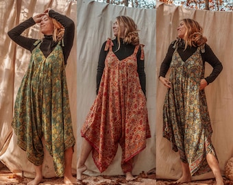 Flowy Silk Jumpsuit, Boho Outfit, Fall Jumper, Hippie Outfit, Free Spirit Clothing, Silk Overalls, Bohemian Style Maternity Friendly Outfit