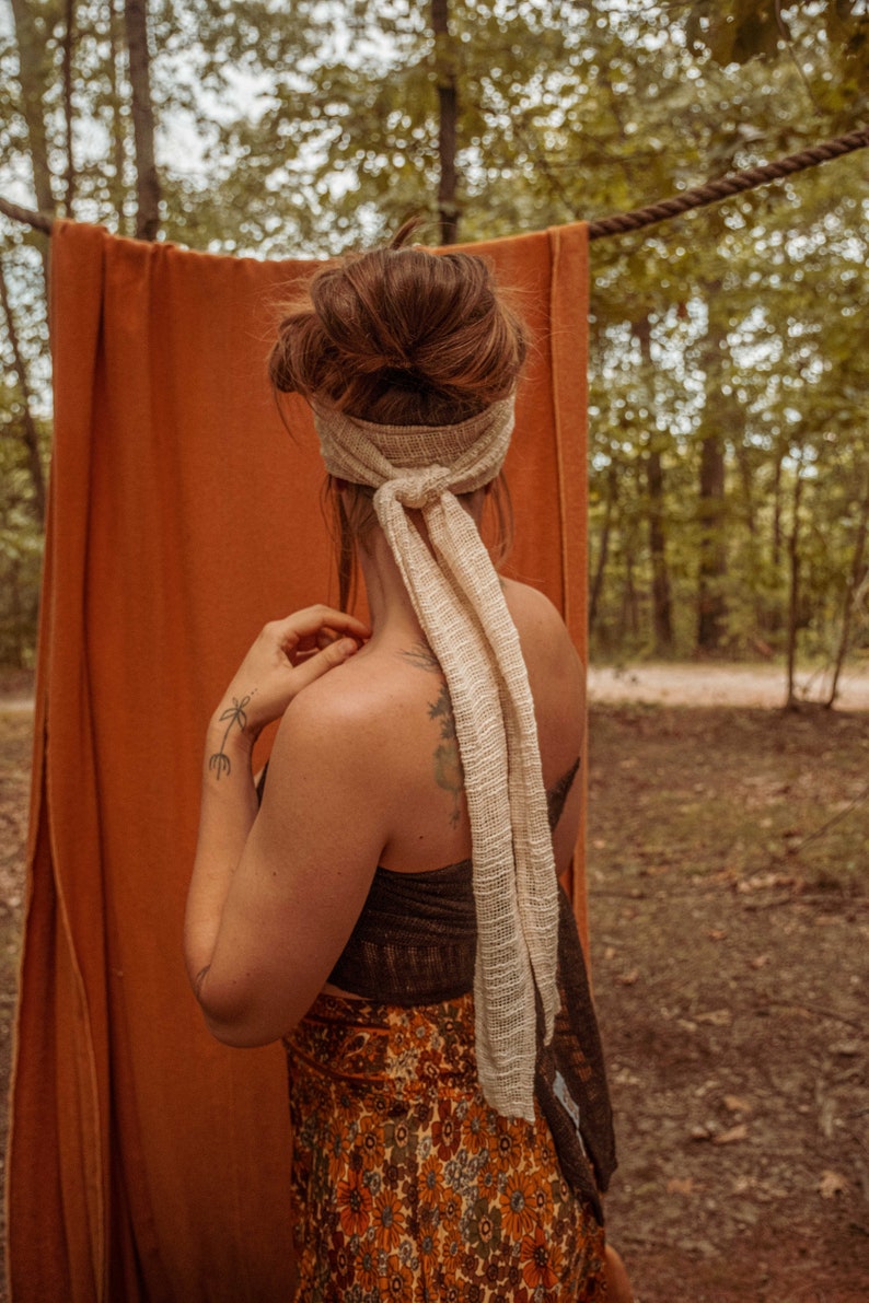 Bohemian Hippie Recycled Cotton Mesh Hair Wrap, Dread Wrap, Hair Scarf Top, Long Bandeau Wrap Top, Earthy Hair Style image 7