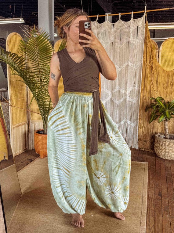 Earthy Genie Pants for Men + Women, Flowy Boho Fesival Pants, Hippie Yellow Tie Dye Harem Unisex Pants XS-5X Handmade Free Spirit yoga pants
