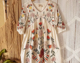 Boho Cottage Core Embroidered Dress, Fall Floral Cotton Embroidered Jumper Ethical Handmade Dress, Flowy Short Dress with Flowers