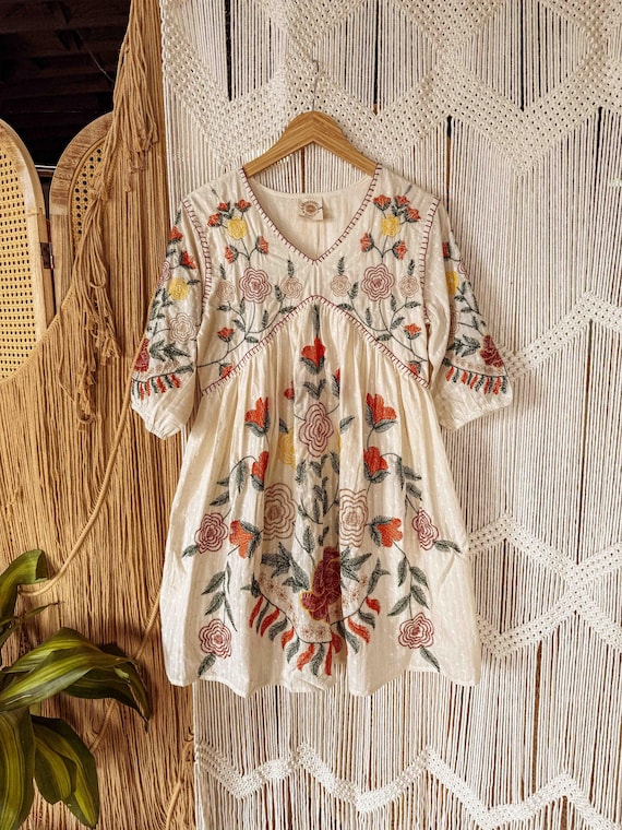 sachin and babi light blue dress Boho Cottage Core Embroidered Dress, Fall Floral Cotton Embroidered Jumper Ethical Handmade Dress, Flowy Short Dress with Flowers