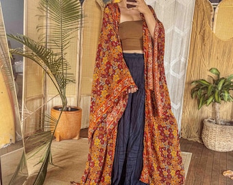 Hippie Boho Maxi Silk Elegant Kimono, Bell Sleeve Bohemian Maxi Cardigan, Long Pocket Duster Outfit Topper
